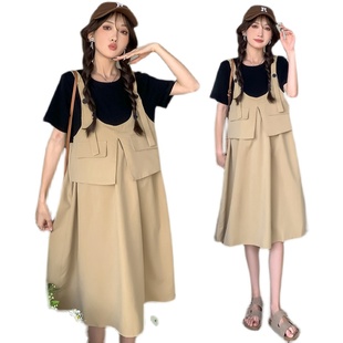 孕妇夏装连衣裙2k023韩版大码假两件拼色上衣小个子夏季T恤裙