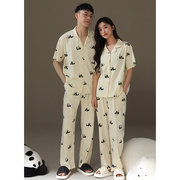 熊猫睡衣情侣装夏季纯棉短袖，长裤一男一女甜美卡通，开衫家居服套装