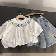 男童夏装套装时髦帅气儿童宝宝，超酷字母圆领短袖韩版牛仔裤两件套