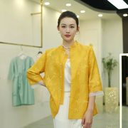 唐装新中式上衣女春夏国潮黄色提花立领，七分袖衬衫外套女