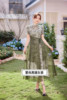 中式国风知性立领镂空短袖旗袍裙，汉元素竹叶，印花拼网纱假两件长裙