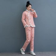 粉色棉衣棉裤两件套中国风拜年服改良旗袍加绒保暖女士套装