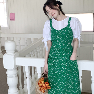 milkcocoa韩国23夏少女感系带，长款碎花吊带连衣裙