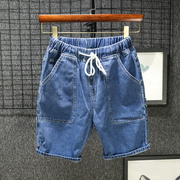 纯色夏季 蓝色牛仔短裤男宽松直筒工装潮牌半截5分 多口袋五分裤