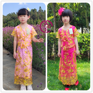 傣族女童装儿童蕾丝，傣短袖泰国女童装傣族筒裙蕾丝花短袖