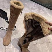 2021高筒靴女冬磨砂牛皮粗跟厚底防水台长筒靴加绒高跟长靴子