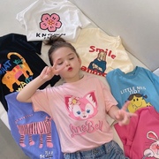 女童纯棉t恤短袖2023夏季洋气韩版宝宝字母卡通上衣姐妹装潮