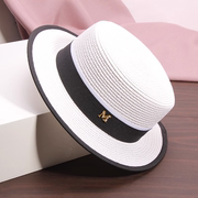 白色凉帽英伦时尚法式模特礼帽平顶小檐草帽，女遮阳草编帽子太阳帽