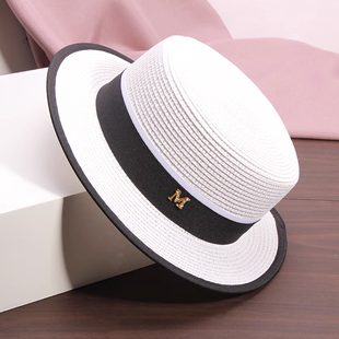 白色凉帽英伦时尚，法式模特礼帽平顶小檐草帽，女遮阳草编帽子太阳帽