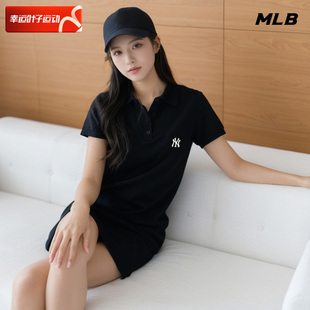 MLB 女士黑色POLO领长裙2024夏季运动连衣裙休闲长款短袖