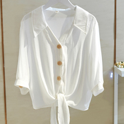 短袖衬衫女2023夏季韩版大码宽松显瘦系带打结白色V领上衣