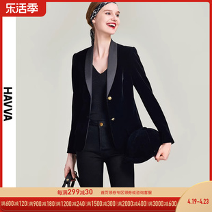 havva2024春季黑色西装上衣女修身气质短款丝绒，西服外套b1561