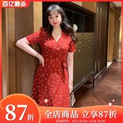 GLEC大码女装2024年高级感法式复古红色雪纺连衣裙遮肚显瘦