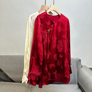 复古盘扣绸缎真丝衬衫女上衣，减龄新中式红色桑蚕丝国风气质小衫