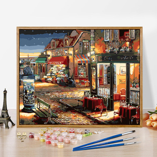 diy数字油画欧式客厅，风景手工油彩，填色装饰画街边童话漂浮咖啡馆