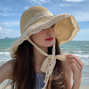 草帽ins系带镂空草编帽女夏出游防晒沙滩海边太阳帽蕾丝边遮阳帽