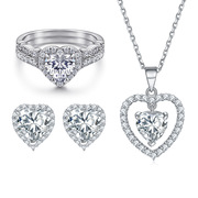 珠宝首饰套装三件套欧美925纯银，爱心戒指心形项链女ins风锆石耳环