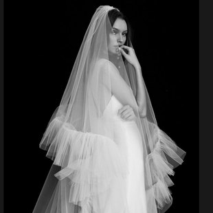 新娘头纱长款拖尾3米宽婚纱婚礼遮面双层素纱荷叶边大头纱面纱