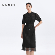 lancy朗姿女装2023夏季收腰显瘦小立领蕾丝中长款气质连衣裙