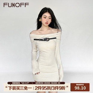 FUNOFF 设计感扭结皮带一字肩长袖连衣裙复古辣妹修身针织包臀裙