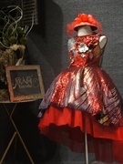 儿童礼服大红色前短后长亮片女童主持钢琴表演走秀国庆演出礼服