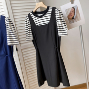 韩版背带连衣裙中长裙条纹短袖t恤女两件套时尚，休闲洋气f¥9