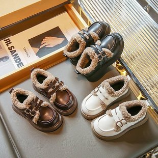 儿童加绒皮鞋2023冬季韩版宝宝魔术贴棉鞋男童女童软底保暖鞋