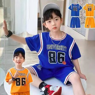 男童夏装套装篮球服幼儿童装透气小童夏季假两件大童表演运动球衣