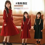2023冬装韩版女童装纯棉，加绒连衣裙红色公主，裙长裙新年裙中大童