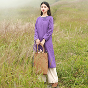 中式棉袍长款加厚棉麻，原创品牌连衣裙中国民族风夹棉加绒袍子女装