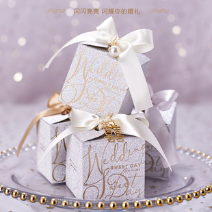 喜糖盒2023年方形，欧式闪光大号礼盒包装盒，纸盒银色香槟丝带纸