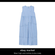 ebay夏季出游海边度假高级感气质洋气时尚蓝色条纹拼接无袖连衣裙