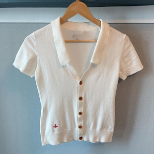 西太后土星短袖针织T恤女春季2023年polo领单排扣打底衫上衣
