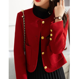 辰蕴复古中国红红色，小香风羽绒服女冬季气质，名媛小个子短款外套