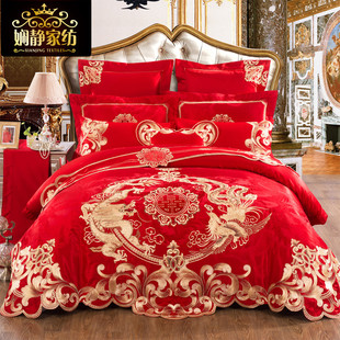 结婚喜庆大红色结婚床上用品，大龙大凤床品绣花四件套，六八十套件