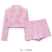 欧美女装2022春季粉色千鸟格纹理短款西装外套+少女裙裤套装潮
