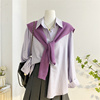 紫色披肩长袖衬衫女秋设计感宽松休闲复古港风刺绣衬衣两件套上衣