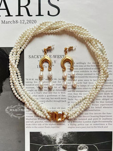 欧美宫廷中古风vintage复古气质，缠绕多层珍珠，短款项链金属耳环女