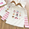 韩系洋气女童假两件彩虹条拼接袖打底衫儿童纯棉卡通图案T恤24春
