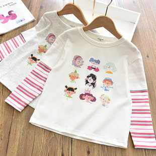 韩系洋气女童假两件彩虹条拼接袖打底衫儿童，纯棉卡通图案t恤24春