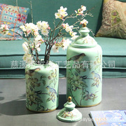 美式乡村陶瓷花鸟圆罐两件套客厅软装摆设饰品，家居装饰摆件