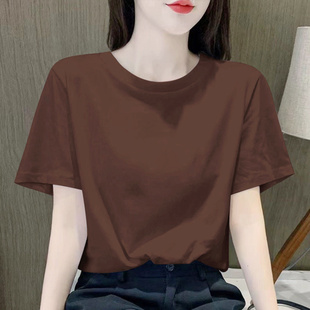 纯色圆领t恤女宽松2024年夏季常规正肩纯棉，咖啡色短袖上衣潮