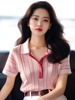 韩系粉色条纹套头翻领短袖夏季小众设计感t恤甜美温柔上衣女