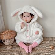 宝宝冬装套装婴幼儿兔耳朵加绒加厚外套上衣裤子分体两件套女童