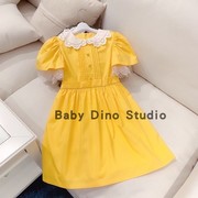 babydino定制款女童黄色，袖口拼接蕾丝，娃娃领连衣裙