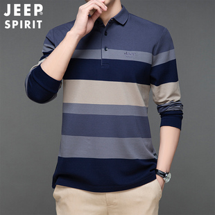 jeep吉普男士春秋季长袖polo衫中青年款秋衣，翻领条纹t恤衫衣