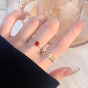 金色珍珠戒指女小众设计开口食指，戒指女时尚，个性尾戒红宝石戒指环