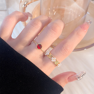 金色珍珠戒指女小众设计开口食指戒指女时尚个性尾戒红宝石戒指环