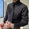 mushen慕绅纯黑色意式八字，领衬衫棉质复古时髦免烫，修身暗条纹衬衣