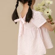 洋气公主短袖宽松休闲儿童童装上衣格子女童夏季蝴蝶结泡泡袖衬衫